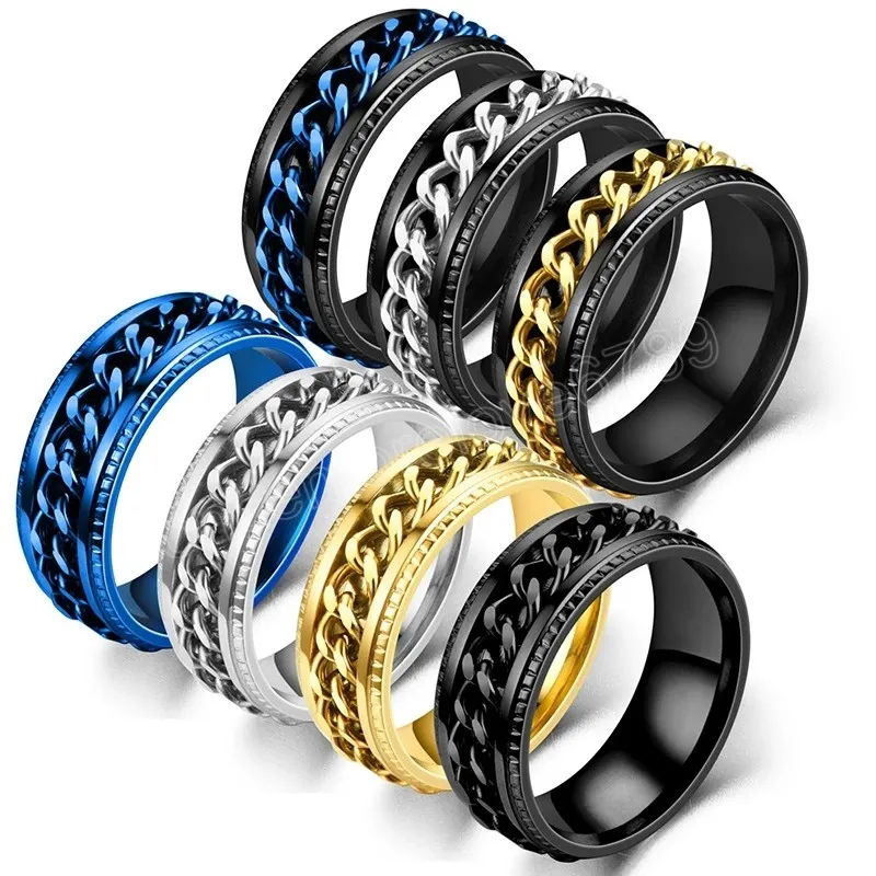 Titanium Steel Rotatable Chain Couple Ring Fashion 8mm Spinner Chain Rotable Rings for Women Man Jewelry Party Gift