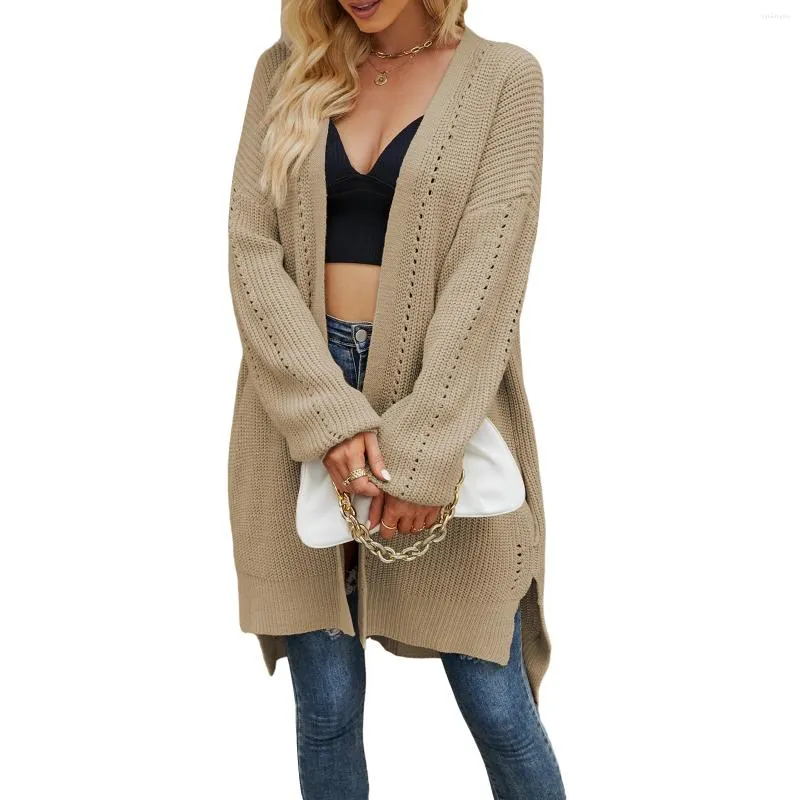 Cardigan Long en tricot pour femmes, manches ouvertes sur le devant, ourlet fendu, manteau, pull en tricot, mode automne hiver