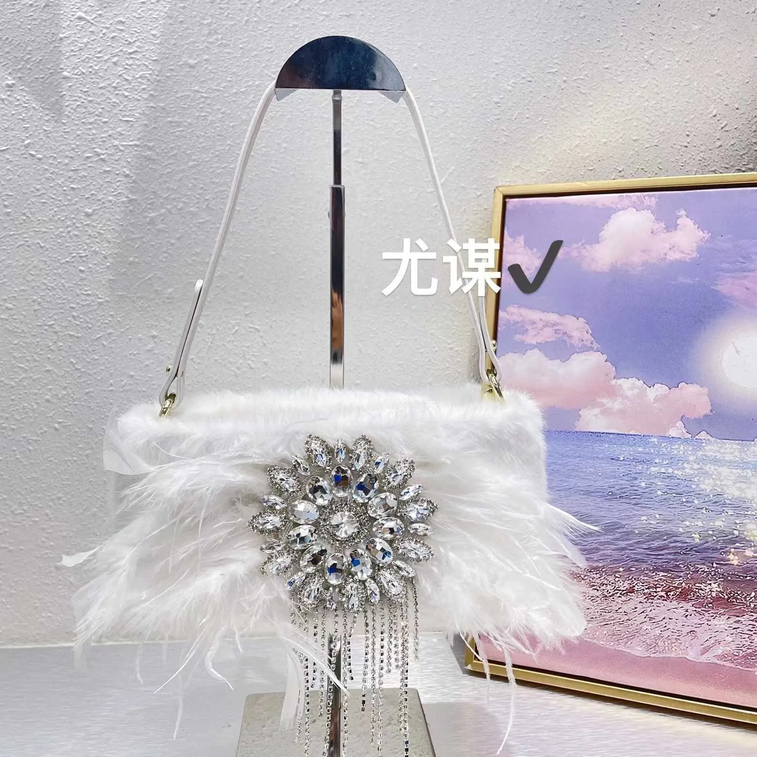 Franse Fee Bloem Shining Stupid Strass Struisvogelveren Kleine Vierkante Tas Banket Pluche Mobiele Telefoon Onderarm Crossbody Tas 231102