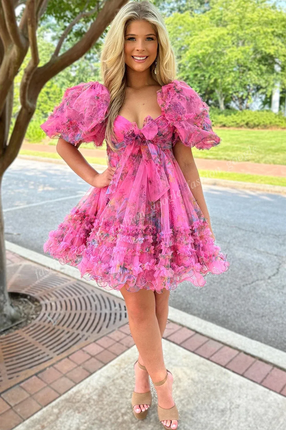Floral Chiffon Butterfly Dress With Ballon Sleeves, Ruffles