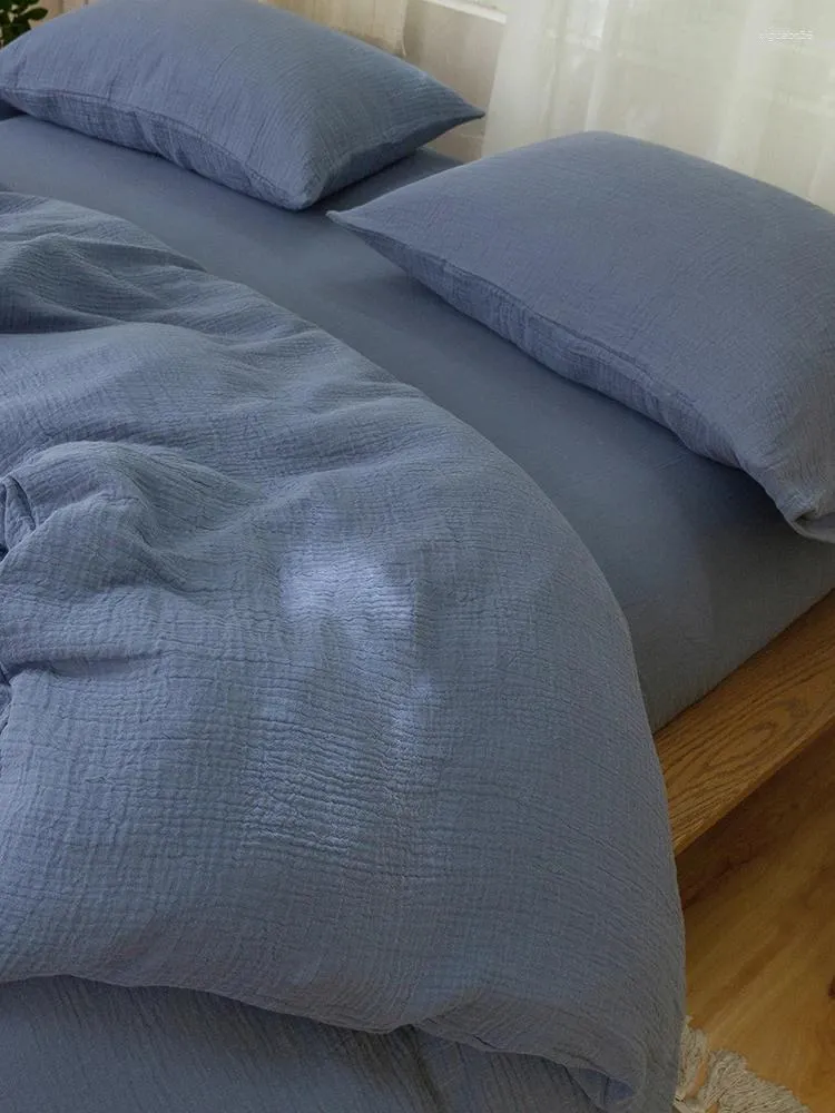 침구 세트 3 층 원사 면화 4 피스 거즈 부드러운 통기 가능한 베어 수면 피부 침대 시트 퀼트 커버 홈 섬유