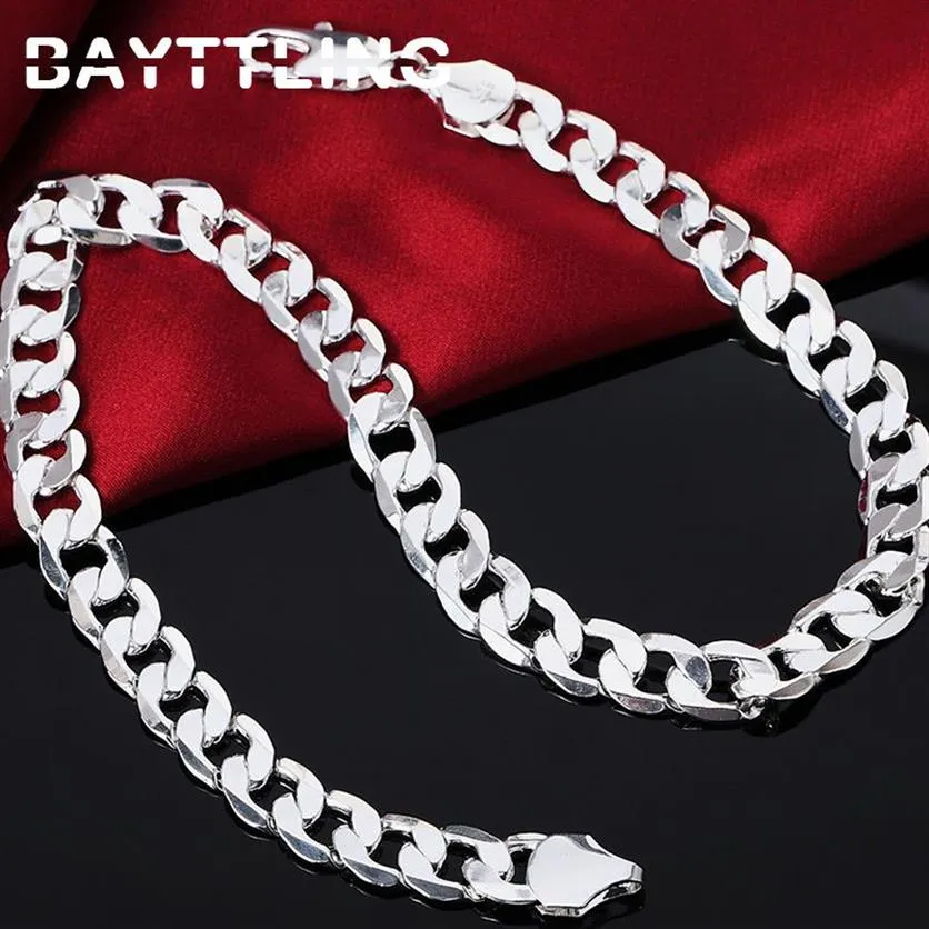 BAYTTLING 925 Silver 18 20 22 24 26 28 30 inches 12MM Flat Full Sideways Cuba Chain Necklace For Women Men Fashion Jewelry Gifts274k