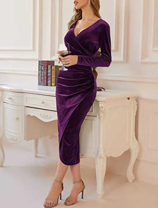 knee length dresses for ladies Black Burnout Velvet Long Sleeve Midi Dress