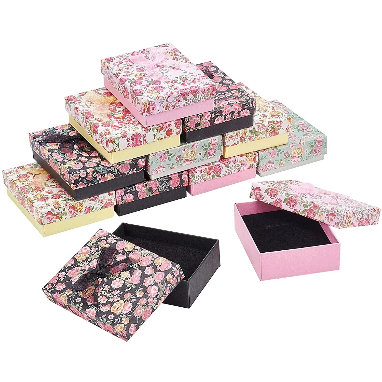 Sunglasses Cases 24Pcs Flower Pattern Jewelry Box Container Ring Earrings Display Gift Box Bowknot Necklace Bracelet Packaging Box with Sponge 231101