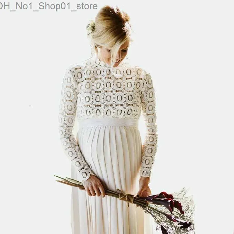 Maternity Dresses White Lace Pleated Maternity Dress Woman Flowers Stitching Lace Long-sleeved Photography Photo for Pregnant Generous Long Dress Q231102