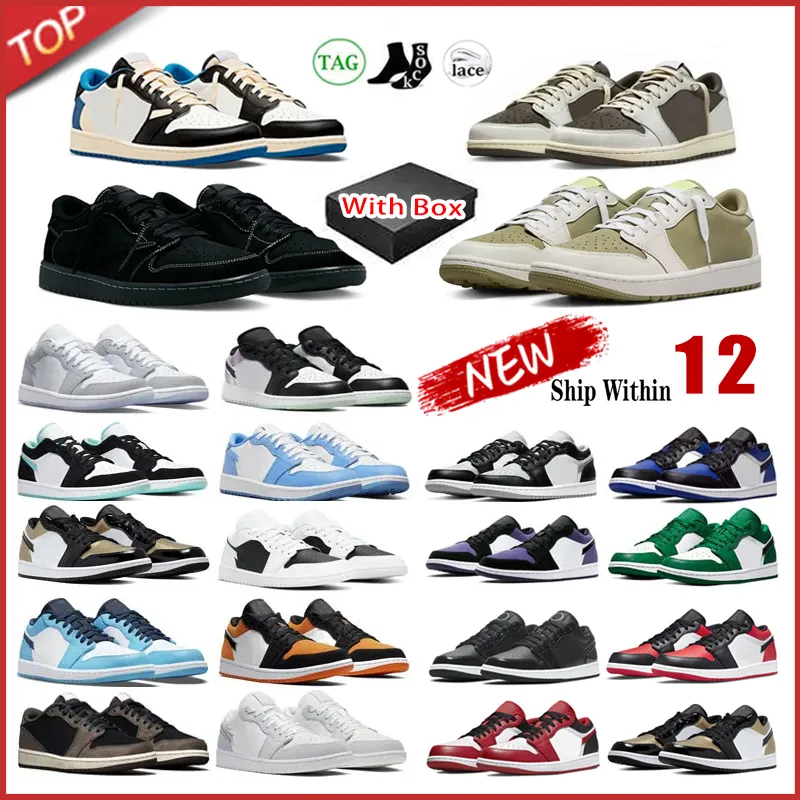 jordab 1 Low Basketball 1s Met box Lows Sneakers Reverse Mokka Olijf Zwart Phantom Bred Toe Panda UNC Wolf Grijs True Blue Heren Dames Outdoor Sportschoenen