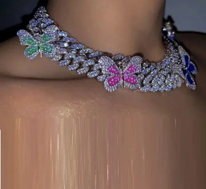 Gargantillas color plata micro pave cz 12 mm Miami cadena de eslabones cubanos colorido esmalte mariposa encanto gargantilla collar para mujeres 16 "18" 231101