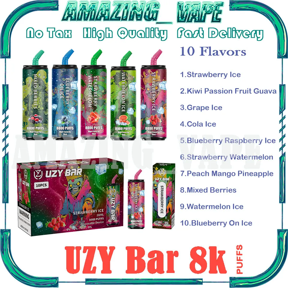 Original UZY BAR 8000 Puff Disposable Vape Pen Electronic Cigarettes 18ml Pre-filled Pod Mesh Coil 600mAh Rechargeable Battery 0% 2% 3% 5% Device Puffs 8k Vapes