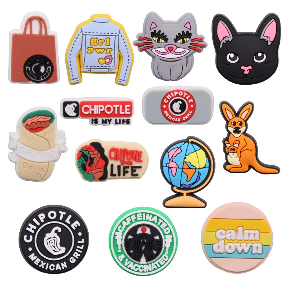 MOQ 20 unidades de bolsa de desenho animado em PVC casaco gato burrito globo canguru México amuletos de sapato peças acessórios fivela tamancos botões alfinetes pulseira pulseira decoração presentes de festa