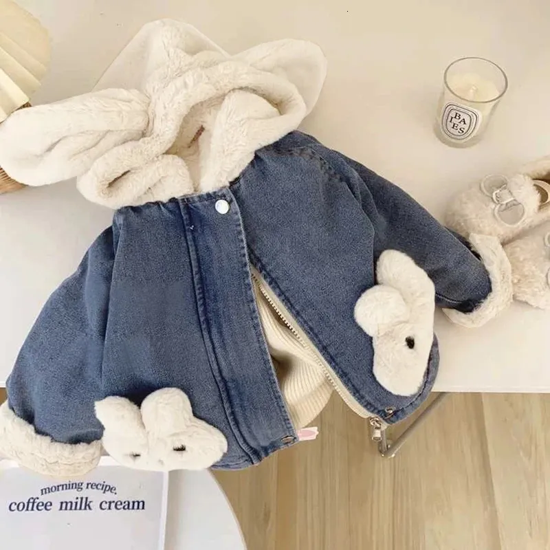 Coat Autumn winter thick warm baby denim jacket cute plush rabbit ears hooded jacket childrens jacket 28Y 231102