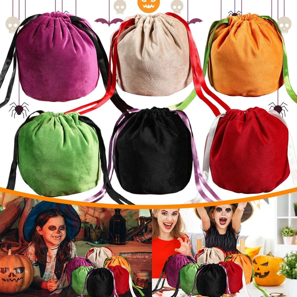Gift Wrap 10/20Pcs Halloween Gift Bags Orange Velvet Packaging Bag with Drawstring Treat or Trick Gift Box Candy Pouch Christma Favors 231102