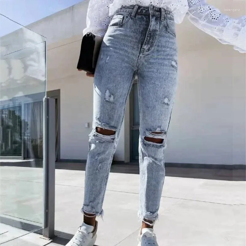 Kadın Kotları Kadın Düğmesi Yüksek Bel Cep Elastik Delik Pantolon 2023 Bayanlar Yırtılmış streç ince fit jean pantolonları gündelik denim pantolon