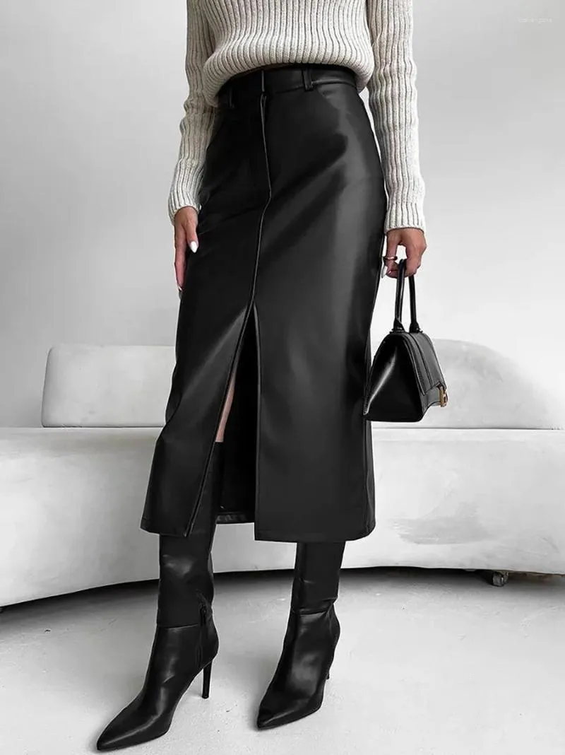 Skirts Vintage Cashmere PU Leather Skirt Slit Design Of Women's Dress 2023 Autumn And Winter