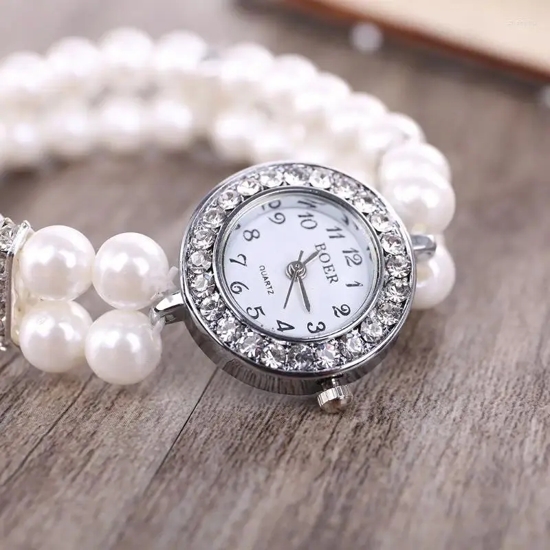 Strand Women Watch Simulated Pearl Rhinestone Luxury Fashion Elegant Wrist Band Bracelet Jewelry Gifts Lady Elastic Universal Charms