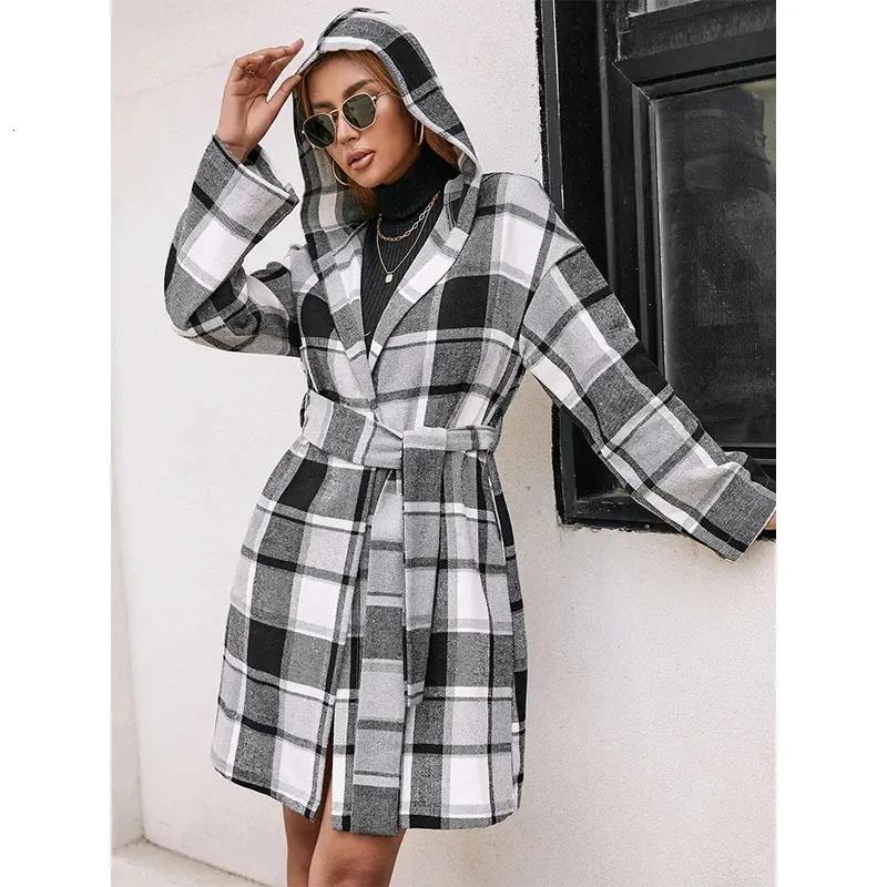 Damen-Wollmischungen, Winter-Damenmischungen, lässige Langarm-Strickjacke mit Gürtel, modisches Plaid, vorne offen, Wollmantel mit Kapuze, Taschen, Streetwear, Y2k, 231102