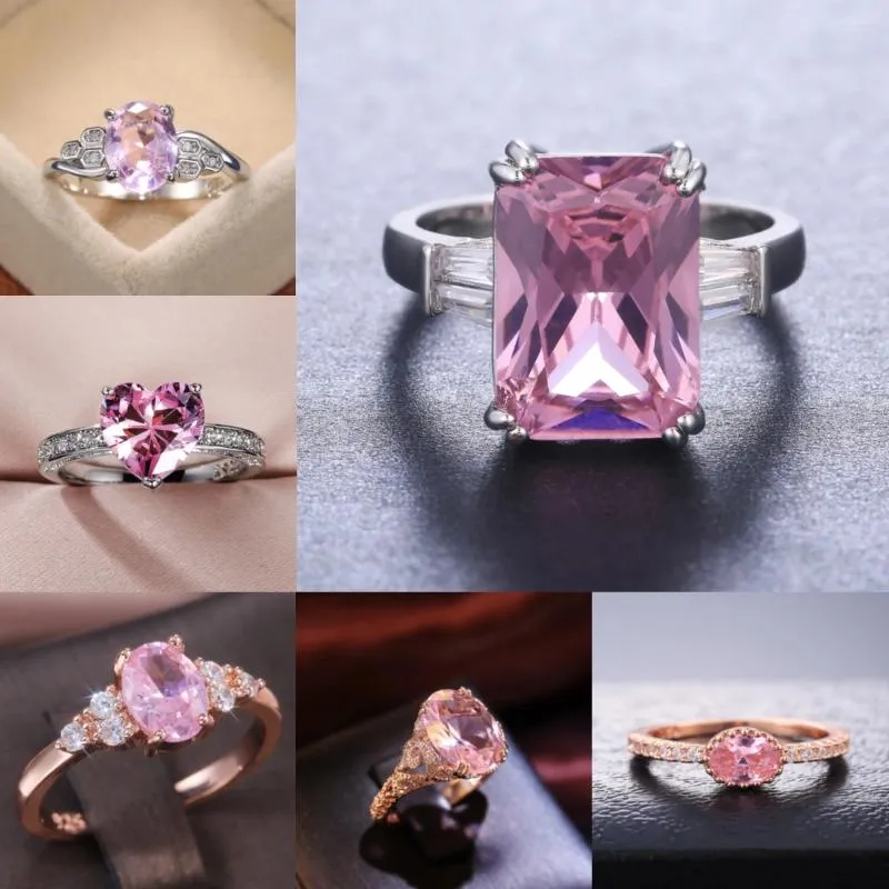 Bröllopsringar caoshi utsökt rosa kristallsten löfte för kvinnor eleganta fingertillbehör av hög kvalitet smycken grossist