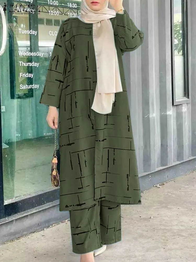 Caftán estampado trajes mujeres conjuntos a juego RUKAS 2023 conjuntos musulmanes casuales Blusas de manga larga pantalones Turquía Abayas Top Blusas 2 uds