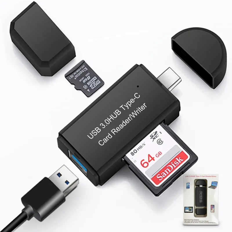 YC432 Leitores de cartão de memória USB 3.0HUB Tipo-C Reader/ Writer 3 em 1 TF/ SD Tipo C Flash Drive CardReader Adapter