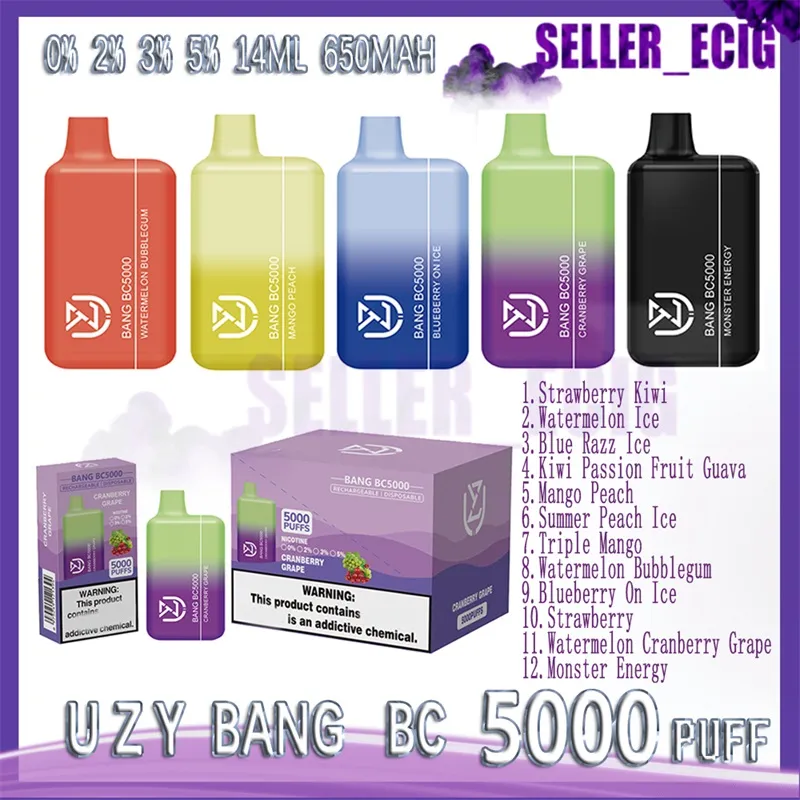 Original UZY Bang BC 5000 Puff Caneta Vape Descartável 12 Sabores E Cigarro Tipo-C 650mAh Bateria Recarregável 12ml 0% 2% 3% 5% Cartucho Vaporizador Dispositivo Puffs 5K