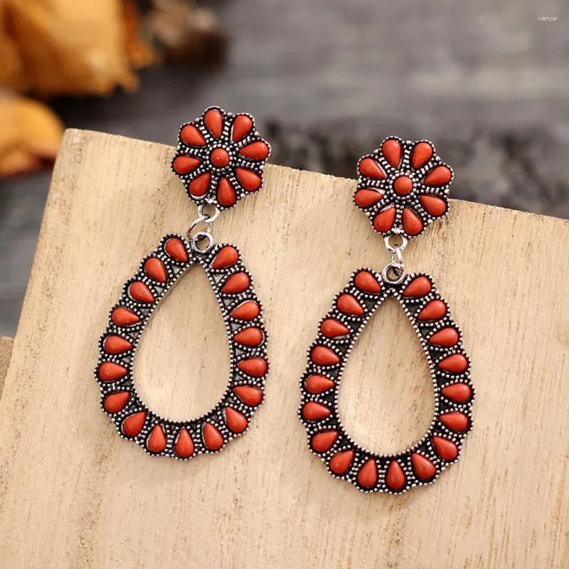 Pendientes colgantes étnicos Retro gota de agua piedras rojas bohemio exagerado hueco para mujer joyería al por mayor