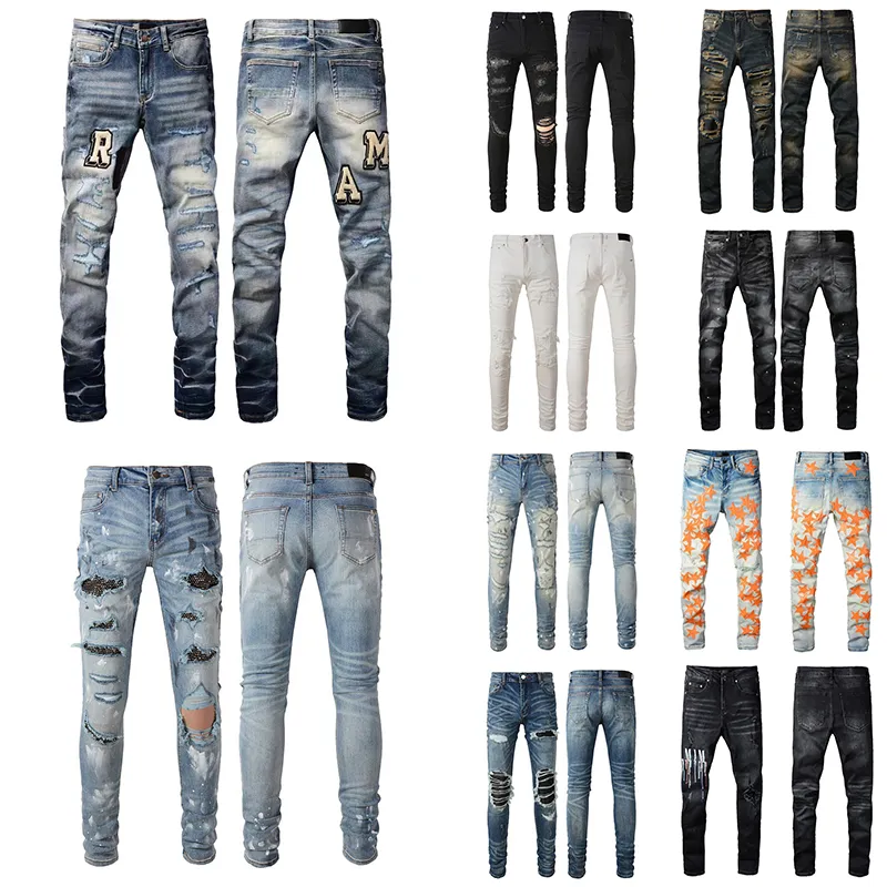 Jeans Mens Designer Denim Embroidery Pants Trendy hole design Trouser Hip Hop Distressed Zipper trousers