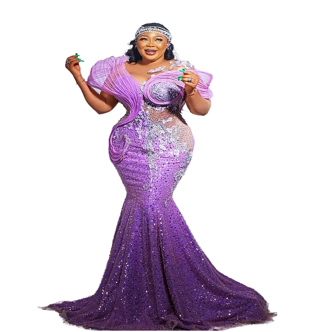 2023 Árabe Aso Ebi Lilac Sereia Vestido de Baile Renda Frisada Vestidos de Noite Lantejoulas Aniversário Noivado Segundo Vestido Vestido Mulheres Formal Wear WD024