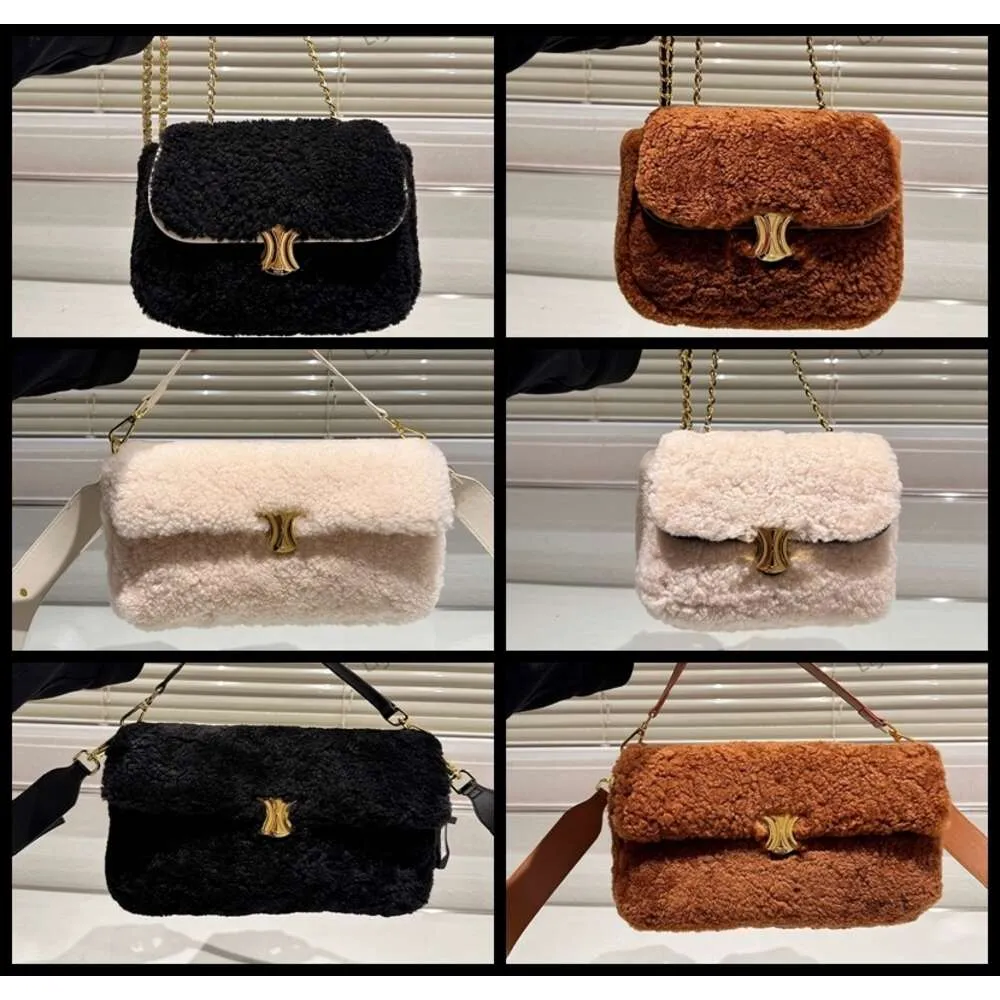 Tasarımcı- Kadın Moda Kuzular Yün Crossbody Bag Hobo Kürk Alışveriş Omuz Çantaları Lady's Handbag Sele Çantası Under Emblet Bag 231101