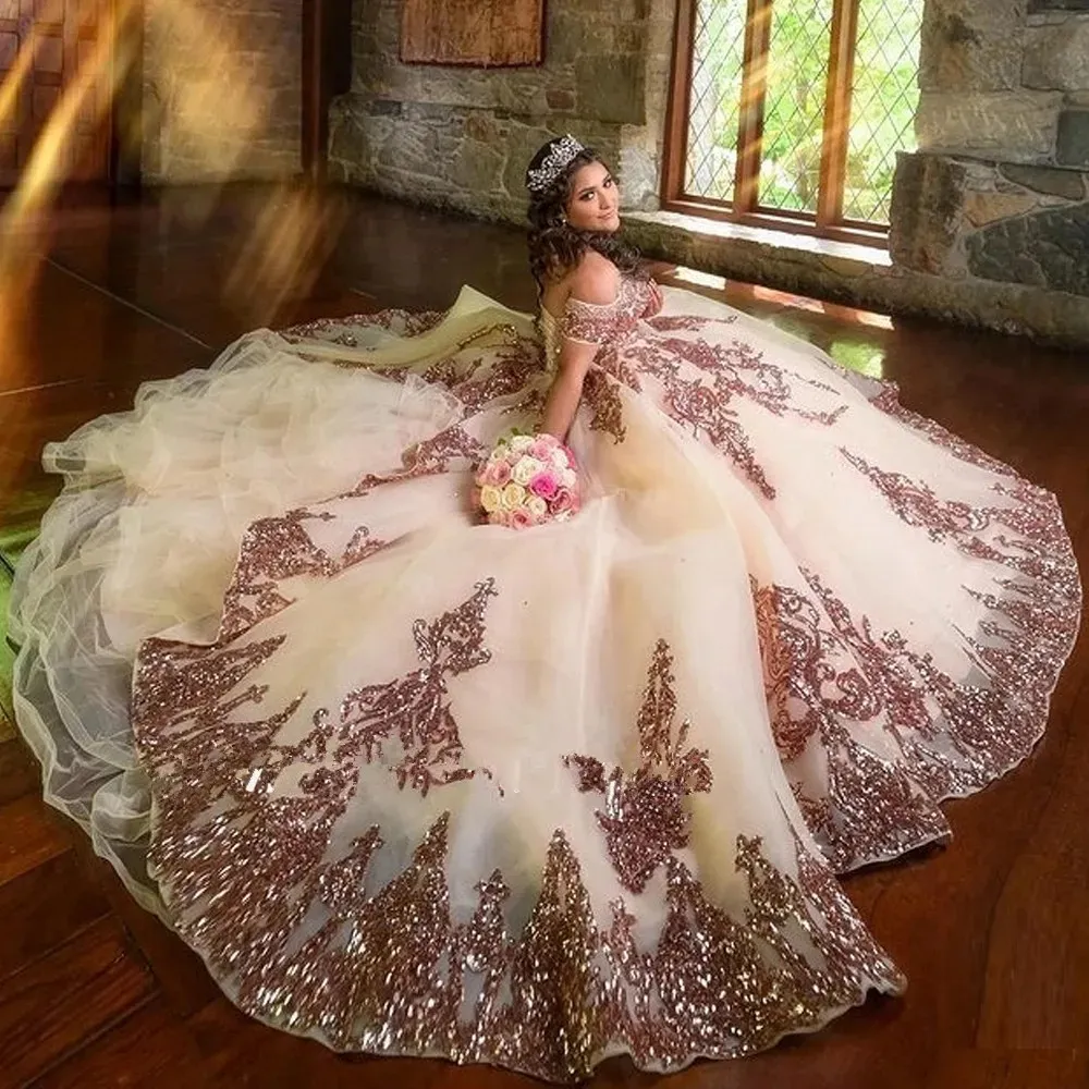 Rosa de ouro renda plus size princesa vestidos de baile quinceanera vestidos de 15 anos apliques contas doce 16 vestido de baile de máscaras