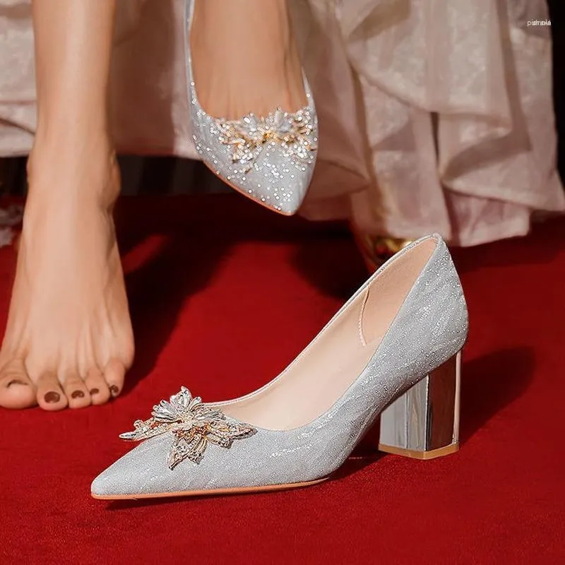 Классические туфли-лодочки, женские модные туфли на высоком каблуке, сексуальный острый носок с бантом и кристаллами, Золотая свадьба 2023
