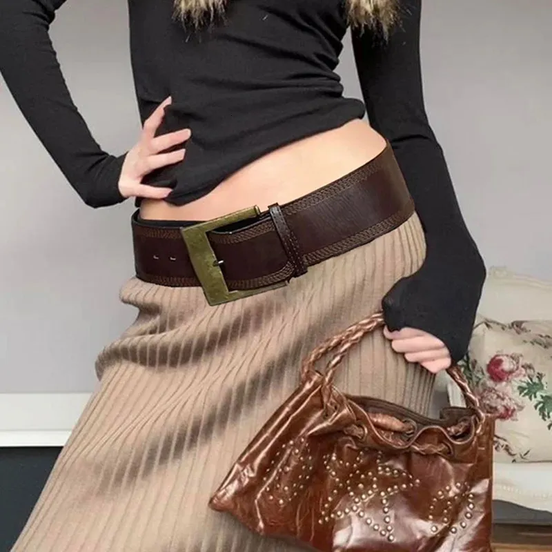 Ceinture Femme Large En Cuir Marron – Fait Main – Boucle Vintage – Taille M