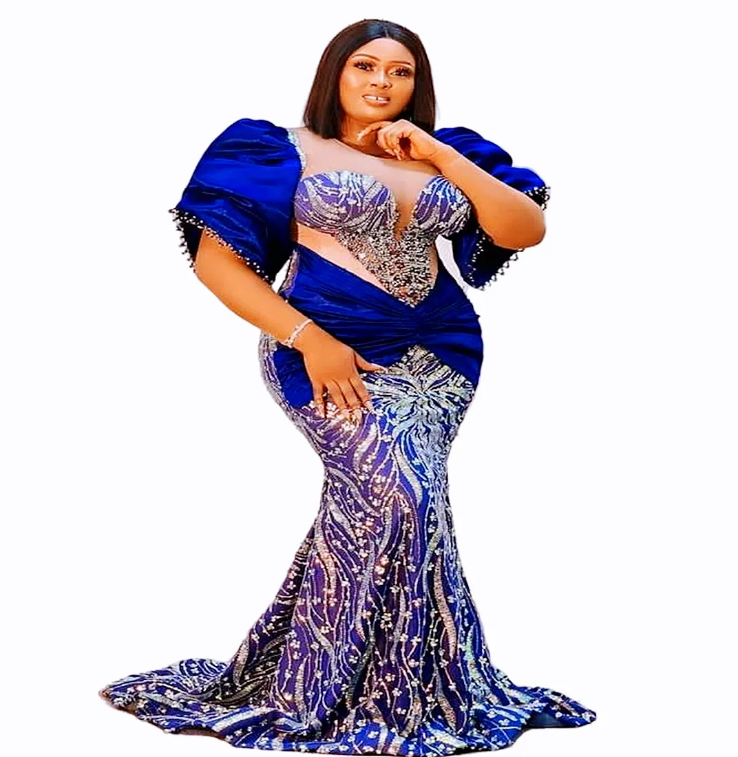 2023 Arabo Aso Ebi Sirena Royal Blue Prom Dress Abiti da sera in rilievo Paillettes Pizzo Compleanno Fidanzamento Secondo abito Abito da donna Abiti formali WD009