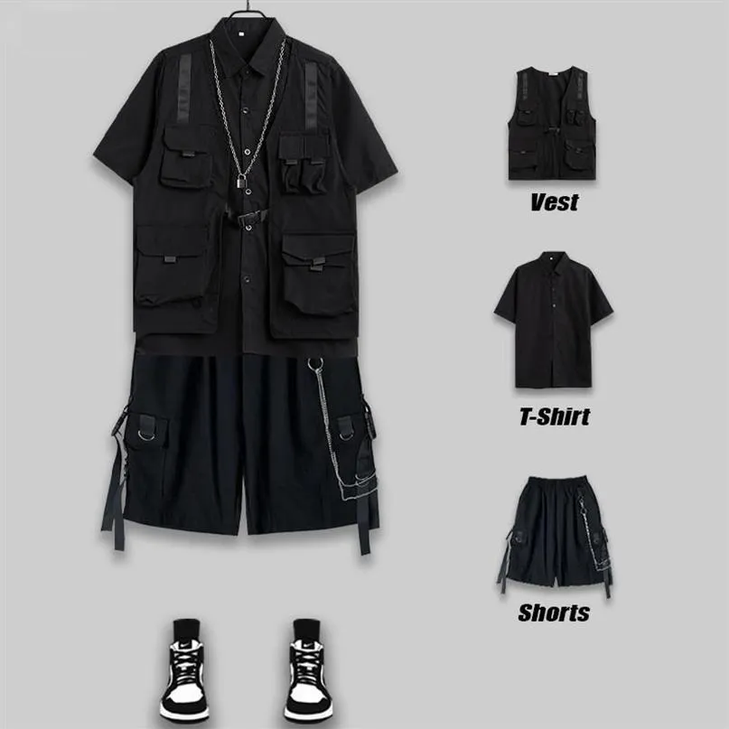 Men's Tracksuits Techwear Men's Shorts Set Tank Top Men Cargo Punk Rave Vest Male Shirt Streetwear Hip Hop Hippie Clothin295l