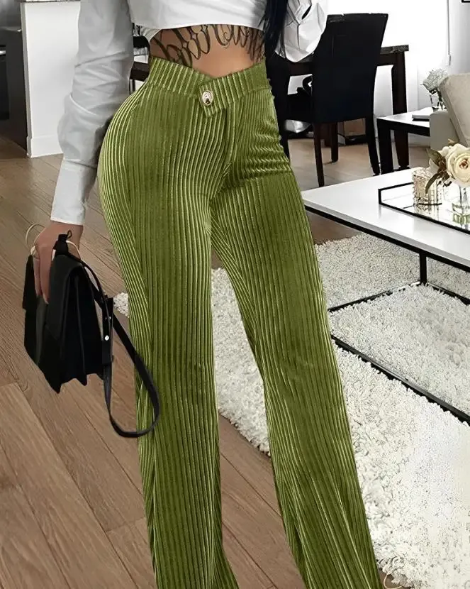 Women s Pants s 2023 Summer Fashion Elegant Overlap Waist Corduroy Work Plain High Long Straight Legs Office Lady 231102