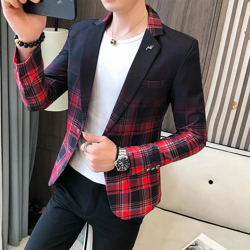 Męskie garnitury Blazers Men Slim Fit Blazer Jacket Spring British Style Plaid Blazer dla mężczyzn garnitur swobodny płaszcz Wedding Business Ubranie 231102