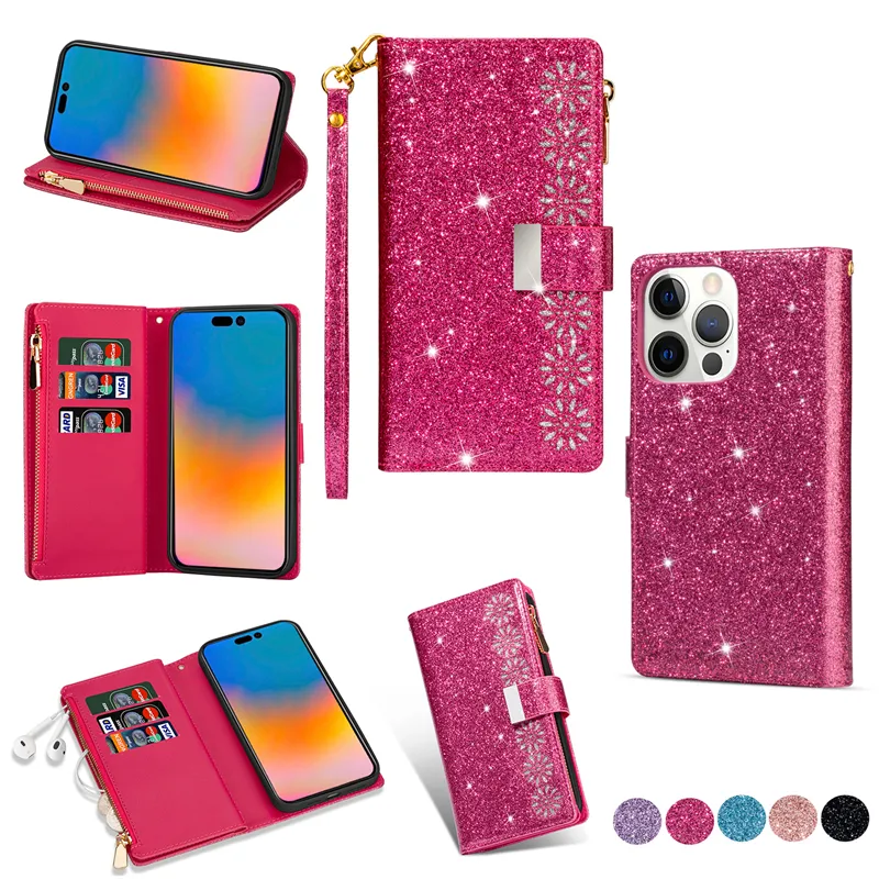 Luxury Flip Glitter Wallet Bag Case For iPhone 15 14 11 13 12 Pro Max 14 Plus 13 12 Mini XS Max XR X 8 7 Card Holder PU Leather Strap Wristlet Cover with Magnetic Closure