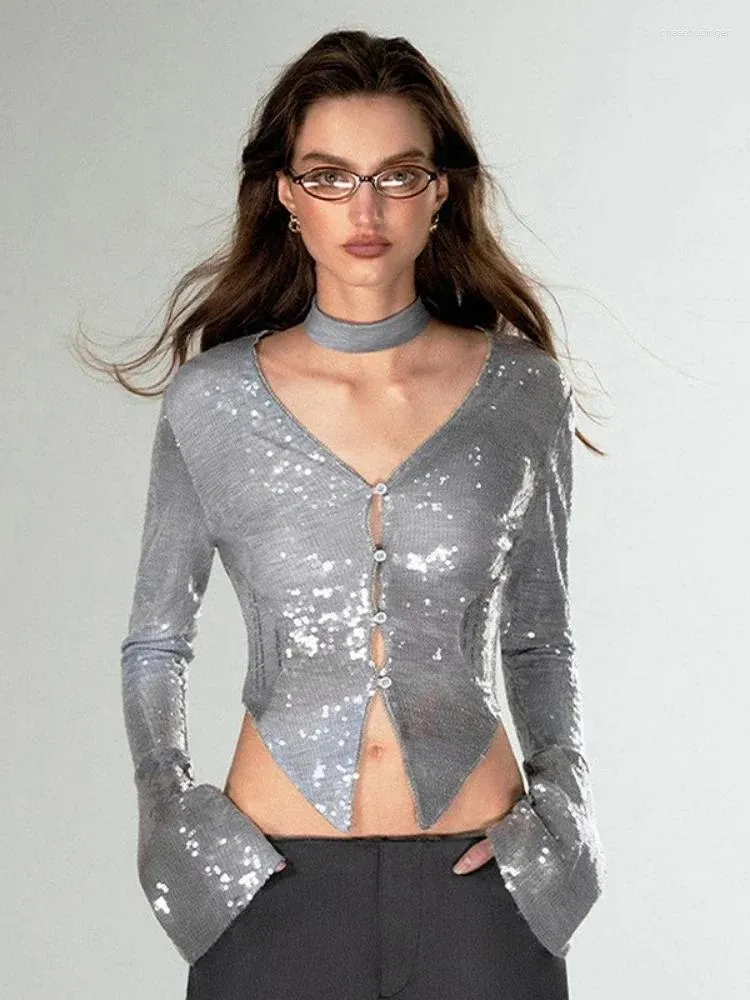 Kvinnors T-skjortor Gray Shine Y2k Top For Women Clothing V-ringen Roupas Femininas Estilosas Långärmning Ropa de Mujer Slim Button Streetwear