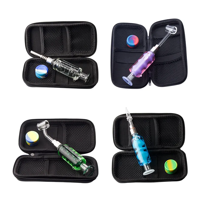 CSYC NC088 Smoking Pipe Bag Set Colored Cooling Oil Inside Dab Rig Glass Pipes 510 Quartz Ceramic Tip Quartz Banger Nail 45/90 Degree Dabber Tool Silicon Jar