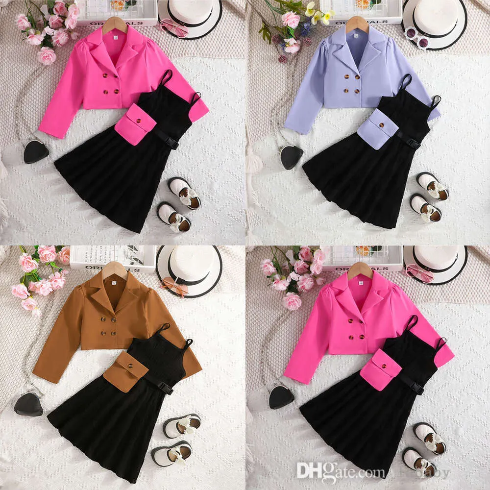 2023 Autumn New Kids Clothes Three Piece Dress Set Fashion Long Sleeve Suit Halter Sleeveless Long Kjol och Söt midja påse 3st Childern Clothing Sets