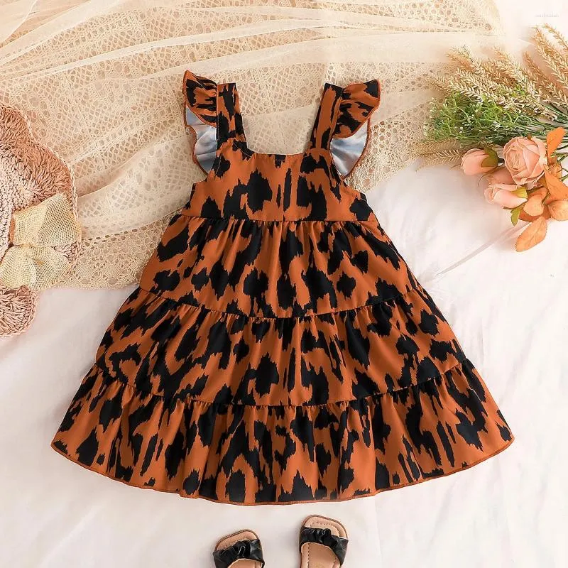 Sukienki dla dziewczynek lato 2023 Przyjazd dziewcząt bez rękawów Ruffle Leopard Brown roupa Infantil Menina urocza sukienka imprezowa Custume 12m-5t