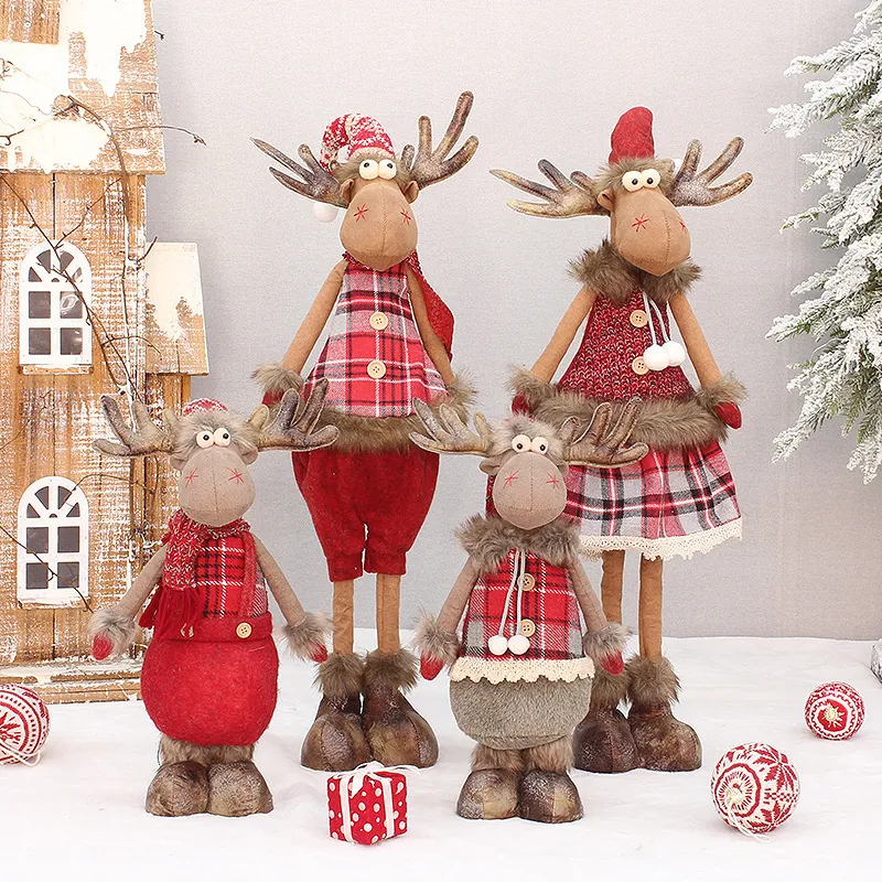 Decoraciones navideñas Tela roja Estirable Postura de pie Decoraciones de muñecas de alce de dibujos animados