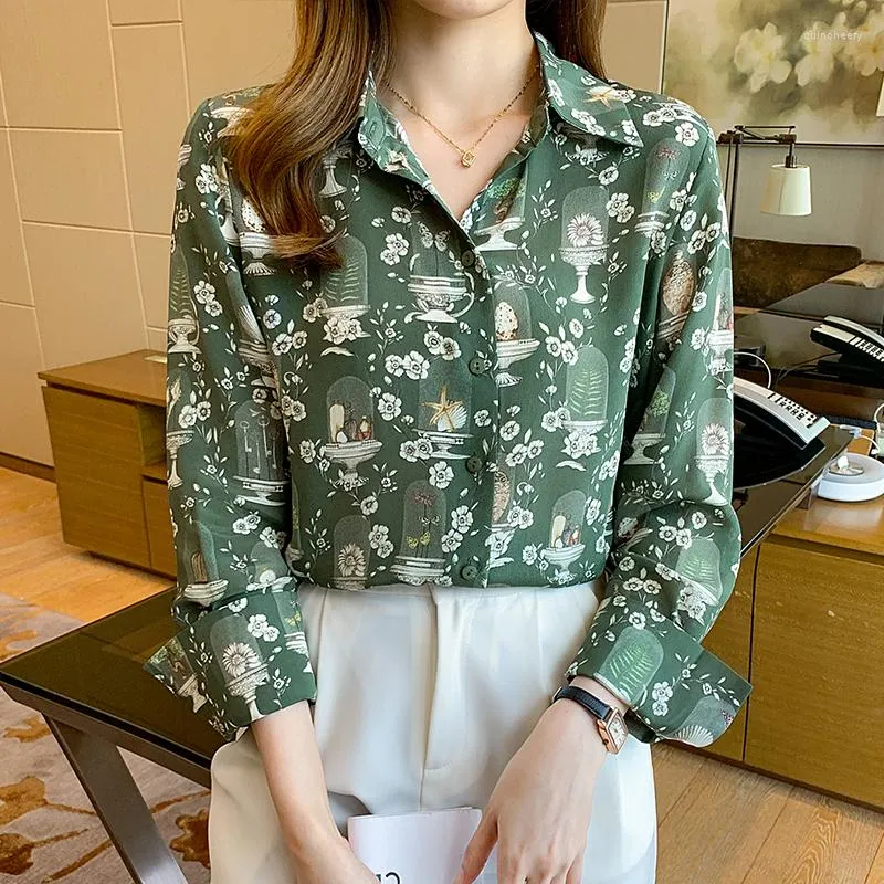 Bluzki damskie Chikimi Green Shirt Women 2023 Autumn Style elegancki i modny nadrukowany bluzka z długim rękawem