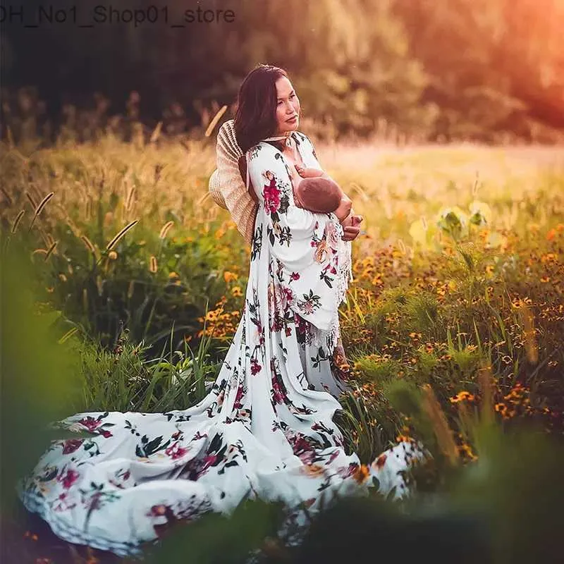 Maternity Dresses Floral Print Boho Dresses For Maternity Photography Props Vintage Flower Maternity Bohemian Dress For Photo Shoot Q231102