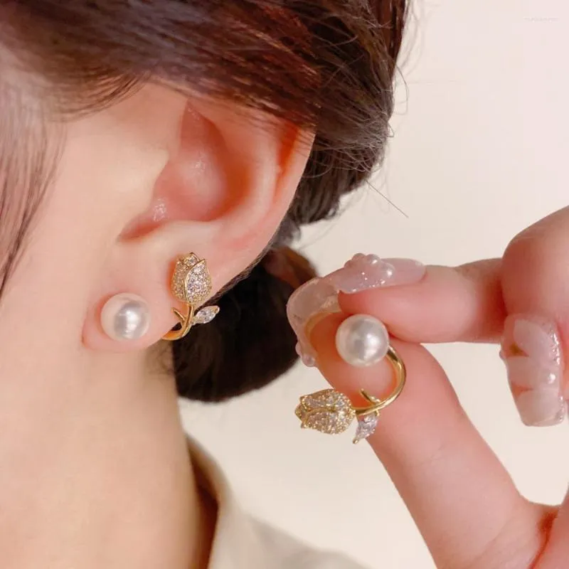 Studörhängen lyx tillbaka koreansk mode pärla hängande öronrin zirkon tulpan blomma utsökta smycken