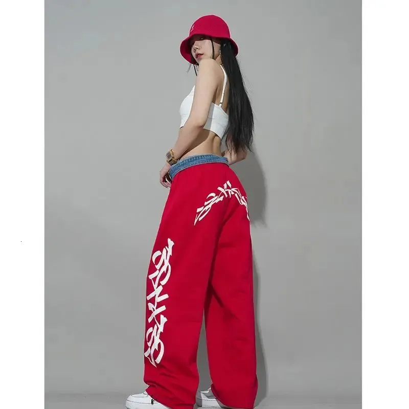 Calças femininas de duas peças, alfabeto de rua americano, vermelho, solto, cordão reto, esfregão, calças casuais, jazz, dança, hiphop, hip hop, esporte, 231102