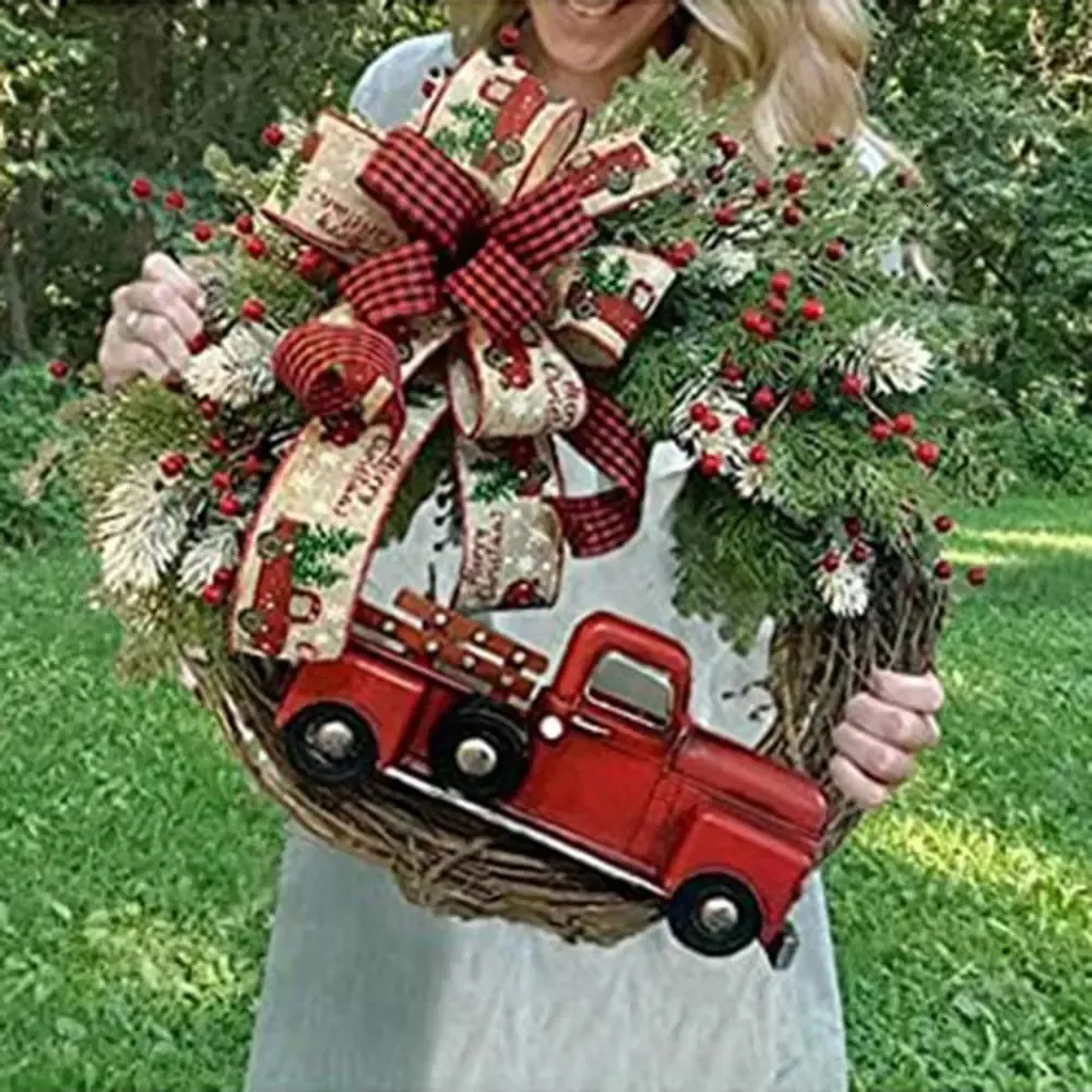 装飾的な花の花輪30*30クリスマスガーランドXMSAリースウォールハンギングドア飾り赤いボウトラッククリスマスペンダント装飾家231102