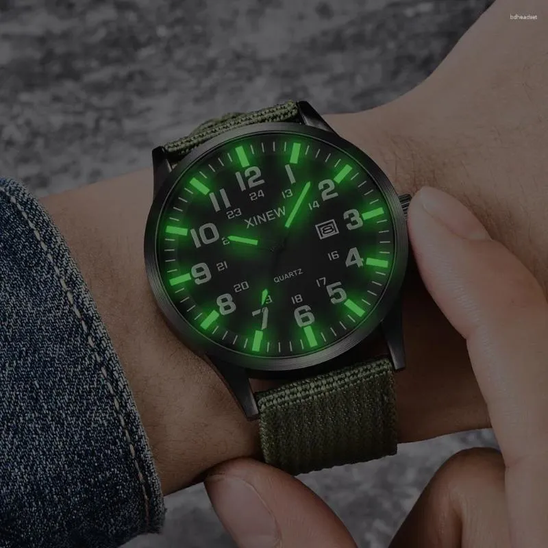 Relógios de pulso luminosos homens esporte menino redondo dial pulseira de nylon relógio calendário data militar quartzo presente de pulso
