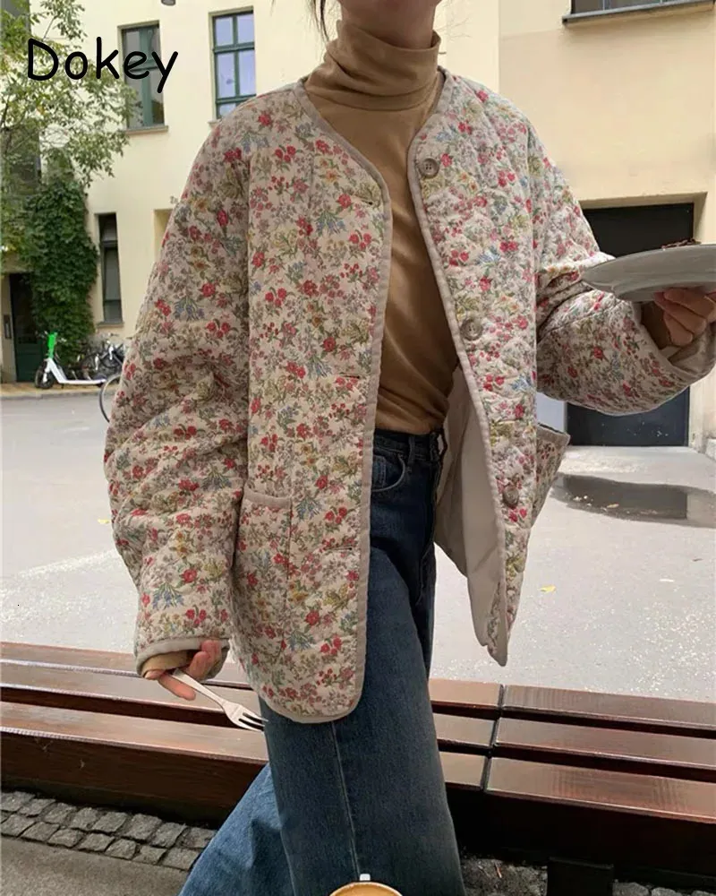 Women's Down Parkas Vintage Flower Printed Quilted Coat For Women Thick Warm Loose Winter Female Casual Oneck Single Breasted Cotton Jackets 231101