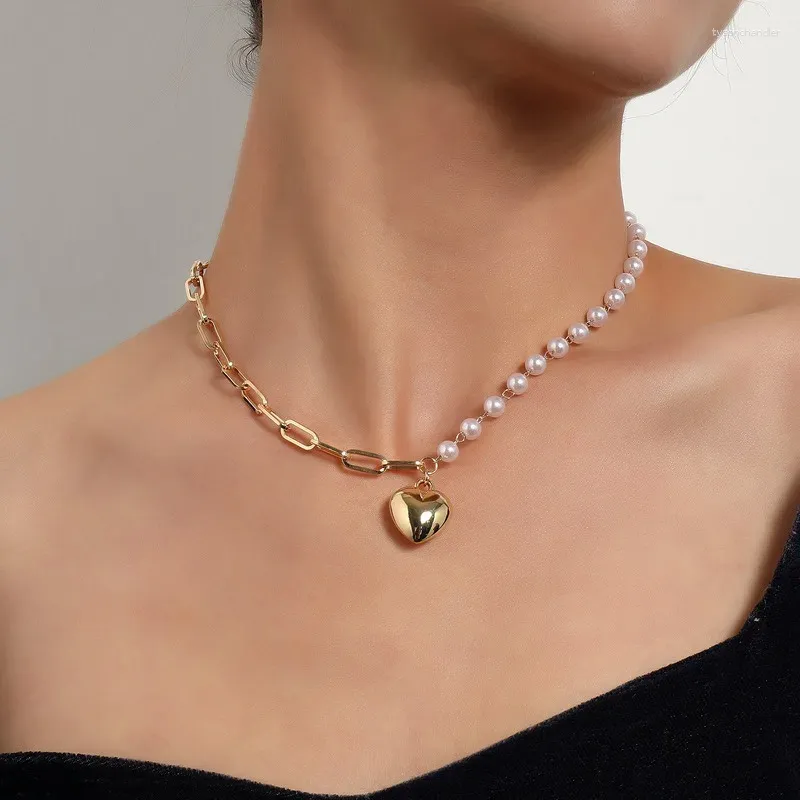 Pendentif Colliers U-Magical Exquis Or Couleur Coeur Simulation Collier De Perles Pour Femmes À La Mode Asymétrie Chaîne Bijoux En Métal