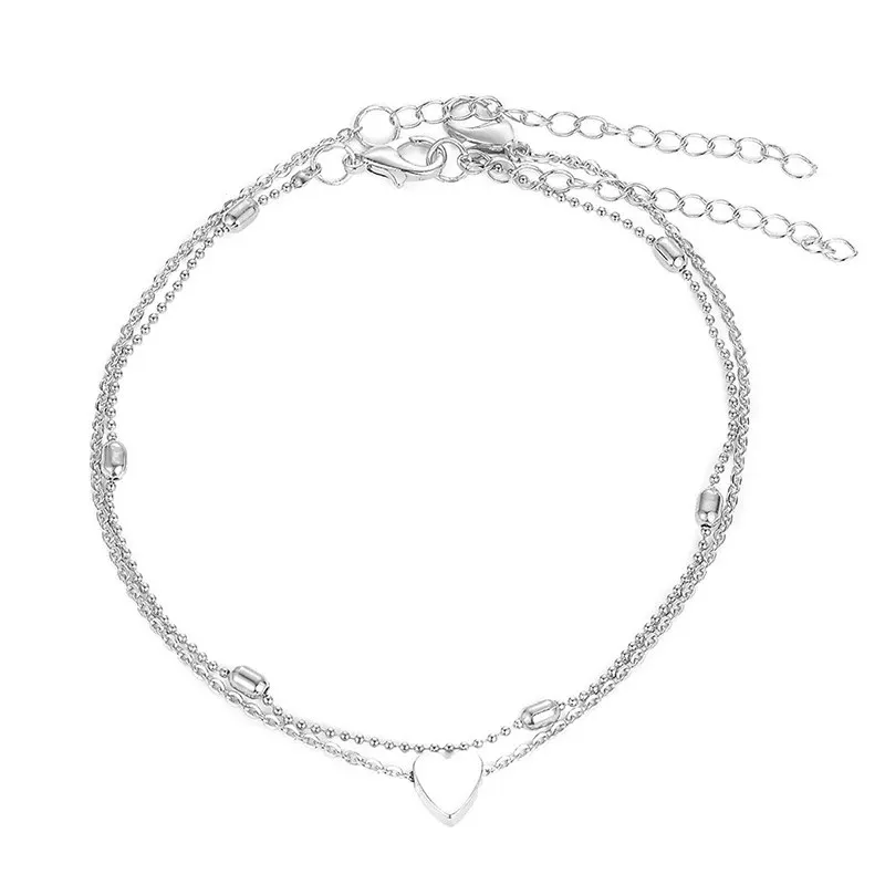 Bracelet de cheville à breloques en forme de cœur Double couche pour femmes, couleur or argent, chaîne de perles, sur le pied, bijoux de plage d'été