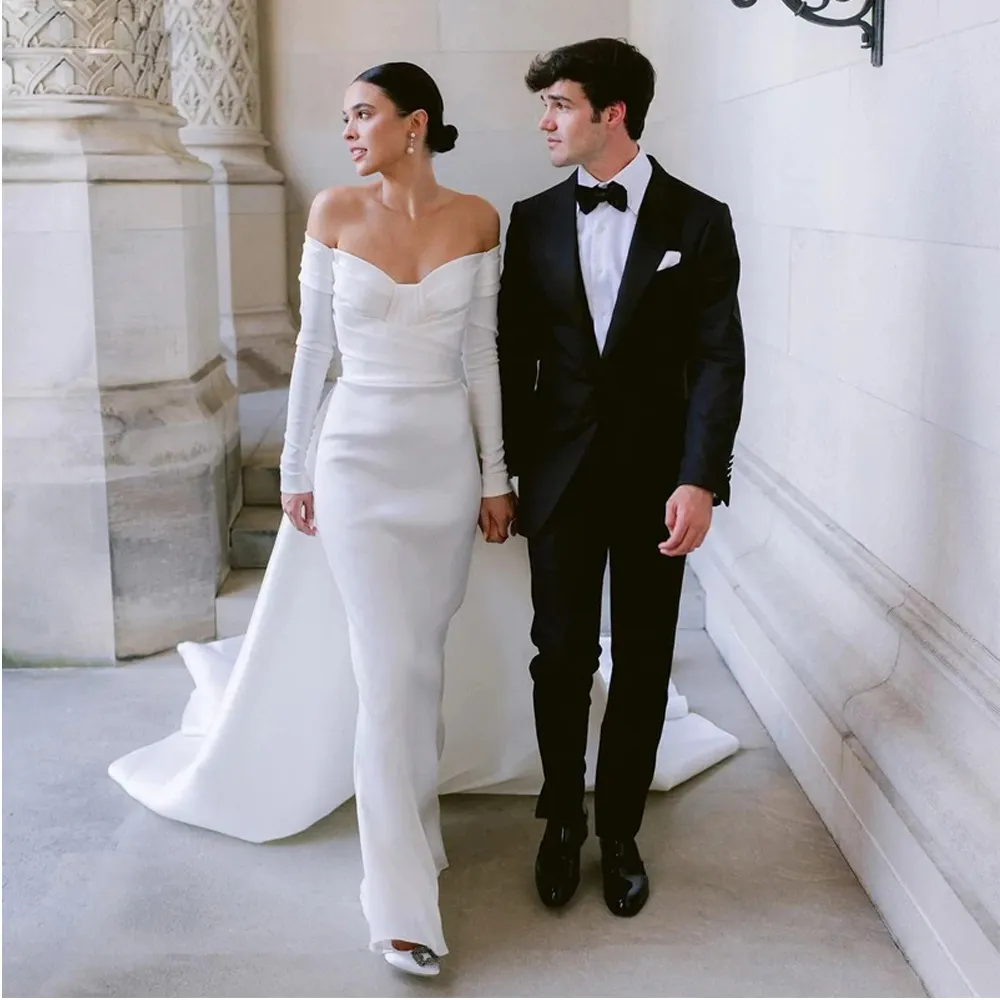 black and pearl prom dress Black Pearl Beaded Satin Wedding Dress Mermaid Long Sleeve Pageant Dre main image 1